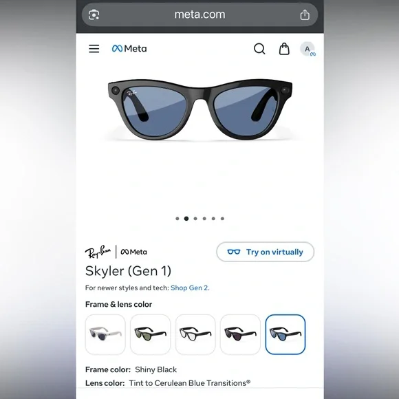 Meta Skyler Gen 1 Shiny Black w/ Cerulean Blue Tint transition lenses AI Glasses - Picture 2 of 10